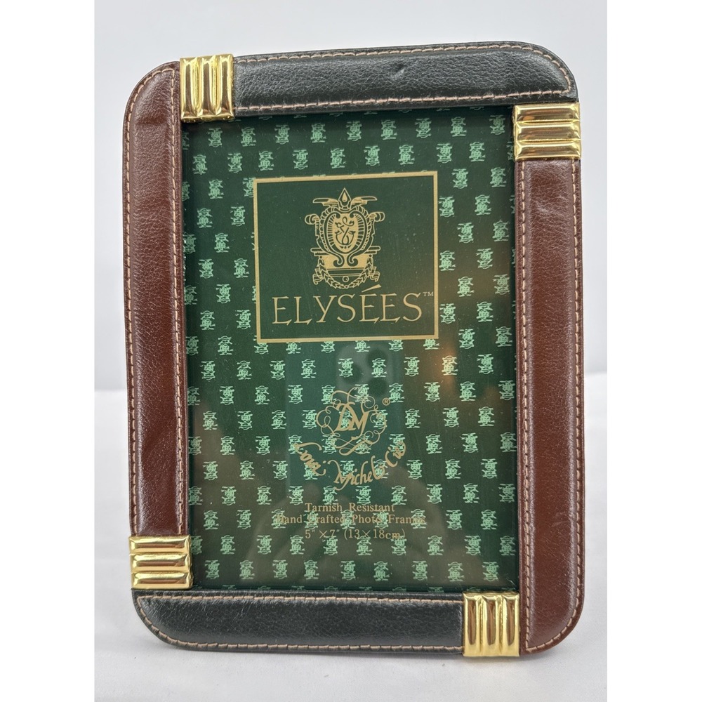 VNTG Elysees Brown & Hunter Green Leather 5x7 Photo Frame With Gold Accents